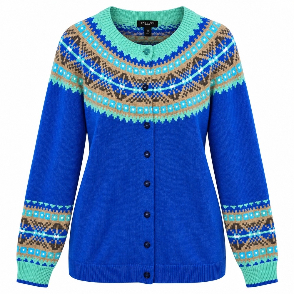Talbots Fair Isle Old Money Cardigan Women Size 2X Nordic Cabincore Preppy Cozy